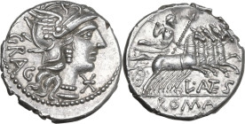 L. Antestius Gragulus. AR Denarius, 136 BC. Obv. Helmeted head of Roma right; behind, GRAG; below chin, barred X. Rev. Jupiter in biga right; below, L...