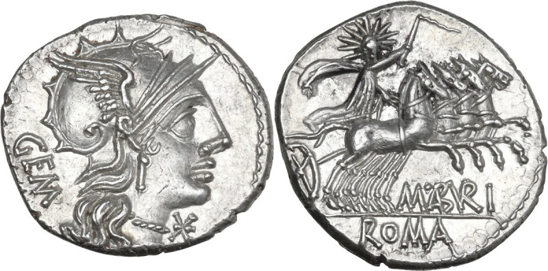 M. Aburius M.f. Geminus. AR Denarius, 132 BC. Obv. Helmeted head of Roma right; ...