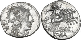 M. Aburius M.f. Geminus. AR Denarius, 132 BC. Obv. Helmeted head of Roma right; behind, GEM; below chin, barred X. Rev. Sol in quadriga right; below, ...