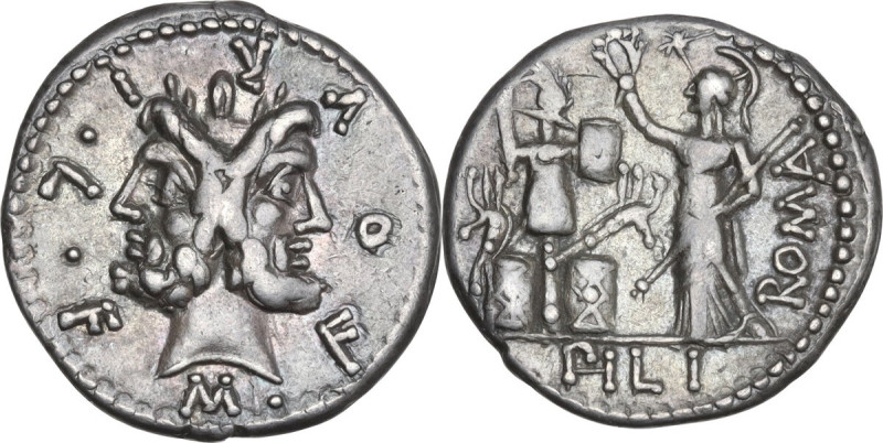 M. Furius Philus. AR Denarius, 119 BC. Obv. Laureate head of Janus; around, M·FO...
