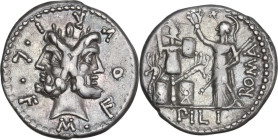 M. Furius Philus. AR Denarius, 119 BC. Obv. Laureate head of Janus; around, M·FOVRI·L·F. Rev. Roma standing left, crowning trophy; above, star; on rig...