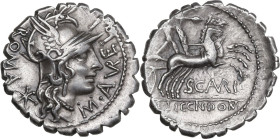 M. Aurelius Scaurus. AR Denarius serratus, 118 BC. Obv. Head of Roma right, wearing Phrygian helmet; before, M. AVRELI; behind, ROMA and X. Rev. Bitui...