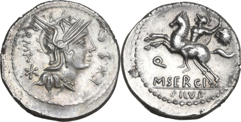M. Sergius Silus. AR Denarius, 116 or 115 BC. Obv. Helmeted head of Roma right; ...