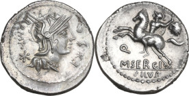 M. Sergius Silus. AR Denarius, 116 or 115 BC. Obv. Helmeted head of Roma right; behind, ROMA and barred X; on right, EX·S·C. Rev. Horseman galloping l...