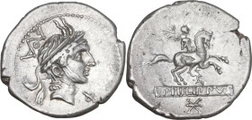 L. Philippus. AR Denarius, 113 or 112 BC. Obv. Head of Philip V of Macedonia right, wearing helmet with goat's horns; behind, ROMA in monogram; below ...