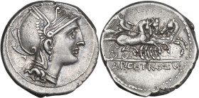 Appius Claudius Pulcher, T. Manlius Mancinus and Q. Urbinius. AR Denarius, 111 or 110 BC. Obv. Helmeted head of Roma right; behind, quadrangular devic...