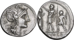 P. Laeca. AR Denarius, 110 or 109 BC. Obv. Helmeted head of Roma right; above, ROMA; behind, P·LAECA; below chin, X. Rev. Roman warrior standing left;...