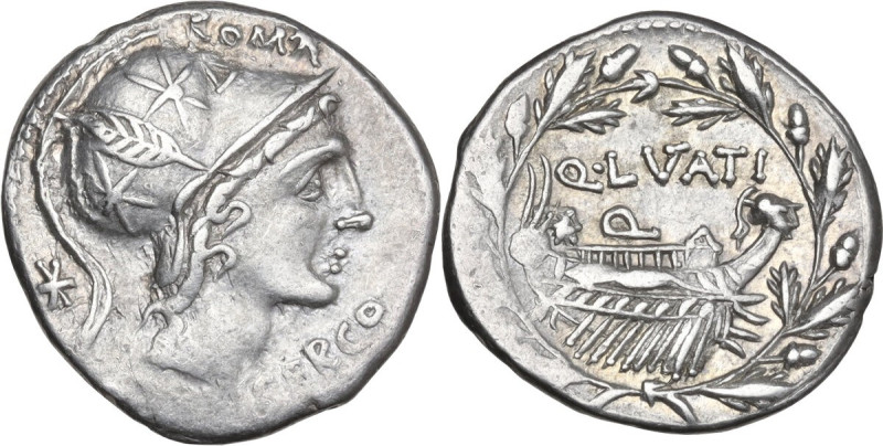 Q. Lutatius Cerco. AR Denarius, 109 or 108 BC. Obv. Helmeted head of Roma right;...