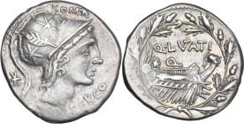 Q. Lutatius Cerco. AR Denarius, 109 or 108 BC. Obv. Helmeted head of Roma right; above, ROMA; behind, barred X (partly off flan); below chin, CERCO. R...