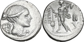 L. Valerius Flaccus. AR Denarius, 108 or 107 BC. Obv. Draped bust of Victory right; below chin, barred X. Rev. Mars walking left, holding spear and tr...