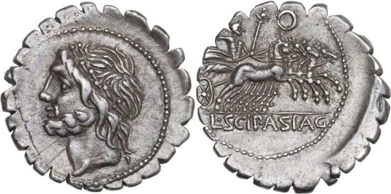 L. Scipio Asiagenus. AR Denarius serratus, 106 BC. Obv. Laureate head of Jupiter...