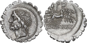 L. Scipio Asiagenus. AR Denarius serratus, 106 BC. Obv. Laureate head of Jupiter left. Rev. Jupiter in quadriga right; above, to left of sceptre, O; i...
