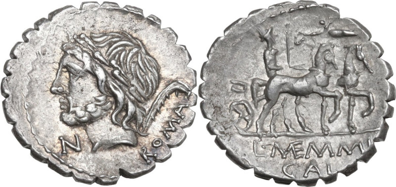 L. Memmius Galeria. AR Denarius serratus, 106 BC. Obv. Laureate head of Saturn l...