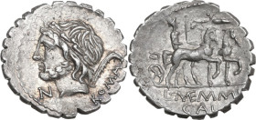 L. Memmius Galeria. AR Denarius serratus, 106 BC. Obv. Laureate head of Saturn left; before, N; behind, harpa and ROMA. Rev. Venus in biga right; abov...