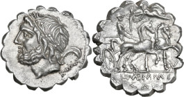L. Memmius Galeria. AR Denarius serratus, 106 BC. Obv. Laureate head of Saturn left; behind, harpa and ROMA. Rev. Venus in biga right, Cupid flies abo...