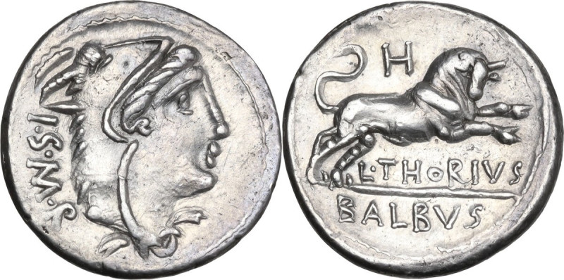 L. Thorius Balbus. AR Denarius, 105 BC. Obv. Head of Juno Sospita right, wearing...