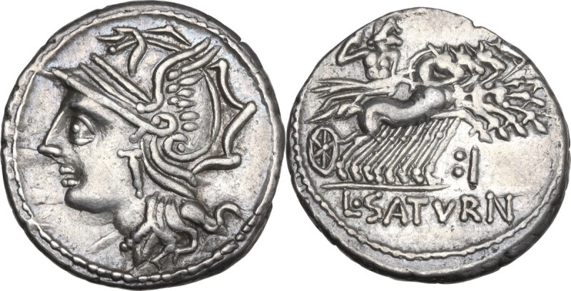 L. Appuleius Saturninus. AR Denarius, 104 BC. Obv. Helmeted head of Roma left. R...