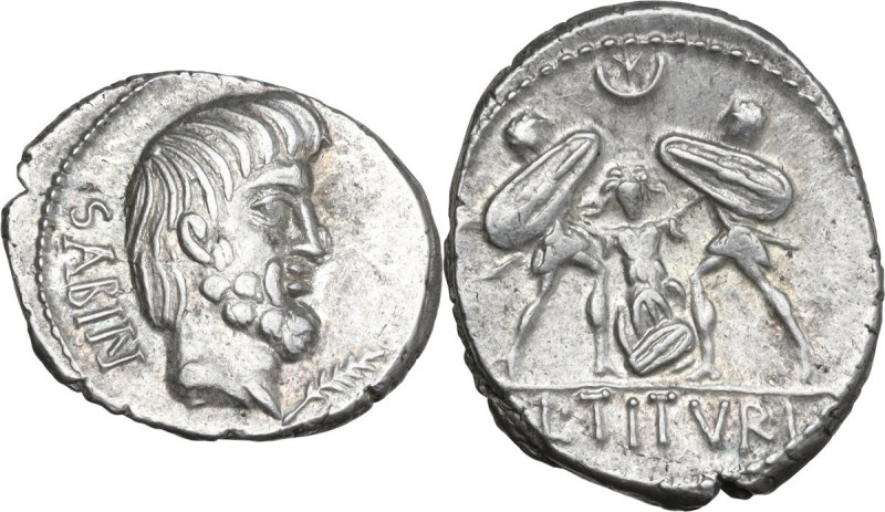 L. Titurius L. f. Sabinus. AR Denarius, 89 BC. Obv. SABIN. Head of King Tatius r...