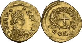 Ostrogothic Italy, Odovacar (476-493). AV Tremissis. In the name of Zeno. Ravenna mint. Struck AD 476-493. Obv. DN ZENO – PERP F AVG. Pearl-diademed, ...