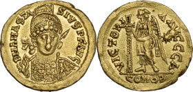 Ostrogothic Italy, Theoderic (493-526). AV Solidus, in the name of Anastasius I. Rome mint, c. 491-518 AD. Obv. DN ANASTA-SIVS PF AVG. Helmeted, diade...