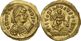 Ostrogothic Italy, Theoderic (493-526). AV Tremissis in the name of Justin I, Rome mint, c. 518-526 AD. Obv. DN IVSTINVS P F AVC (F AV ligate). Pearl-...
