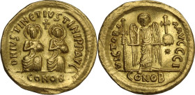 Justin I and Justinian I (4 April-1 August 527). AV Solidus. Constantinople mint. Obv. D N IVSTIN ЄT IVSTINIAN P P AVG. Justin and Justinian seated fa...