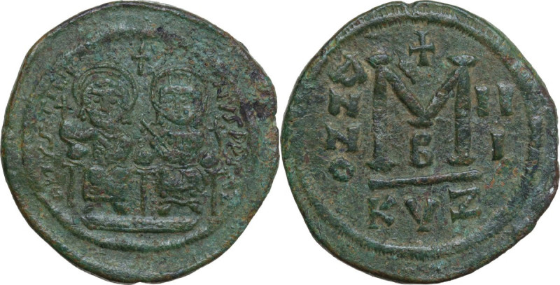 Justin II and Sofia (565-578). AE Follis. Cyzicus mint, 2nd officina. Dated RY 3...