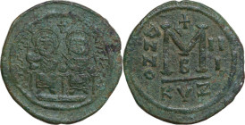 Justin II and Sofia (565-578). AE Follis. Cyzicus mint, 2nd officina. Dated RY 3 (567/8). Obv. DN IVSTINI-NVS (sic) PP AV. Justin, holding globus cruc...