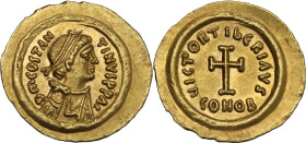 Tiberius II Constantine (578-582). AV Tremissis, Ravenna mint. Obv. Dm COSTAN TINVS PPA. Pearl-diademed, draped and cuirassed bust right. Heavy annula...