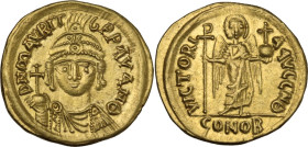 Maurice Tiberius (582-602). AV Solidus, Carthage mint. Dated Indiction Year 9 (AD 590/1). Obv. DN MAVRI Tb PP AV AN Θ. Draped and cuirassed bust facin...