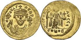 Phocas (602-610). AV Solidus. Constantinople mint, 10th officina. Struck 602-603 AD. Obv. ∂ N FOCAS PЄRP [AVI]. Cuirassed bust facing, wearing crown w...