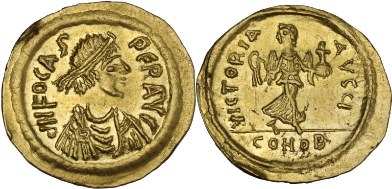 Phocas (602-610). AV Semissis. Constantinople mint. Obv. dN FOCAS PER AVC. Pearl...