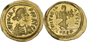 Phocas (602-610). AV Semissis. Constantinople mint. Obv. dN FOCAS PER AVC. Pearl-diademed, draped and cuirassed bust right. Rev. VICTORIA AVGЧ. Victor...