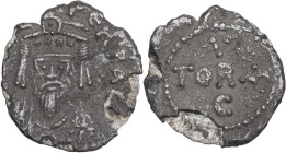 Phocas (602-610). AR Third Siliqua, Carthage mint. Obv. DN PHOCAS PERP AVG. Crowned, draped and cuirassed bust facing. Rev. V/TORA/C within circle of ...