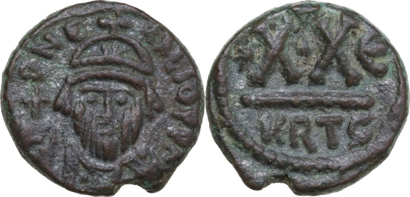 Heraclius (610-641). AE Half Follis, Carthage mint. Obv. DN E-RACLIO PP AV. Helm...