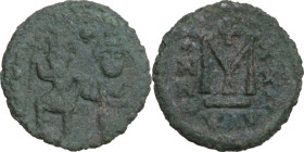 Heraclius (610-641) with Heraclius Constantine. Dated RY 21 (= 630/1). AE Follis, Ravenna mint, 630/1 AD. Obv. Heraclius with long beard on left weari...