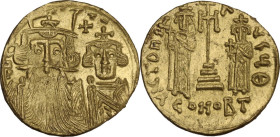 Constans II, with Constantine IV (641-668). AV Solidus. Constantinople mint. Struck circa 661-663. Obv. δ N [CONS]TA[NI]. Draped busts facing of Const...