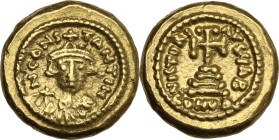Constans II (641-668). AV Solidus, 643-644 AD. Carthage mint. Obv. ∂N CONSτANτIN. Bust facing, beardless, wearing crown and chlamys, and holding globu...