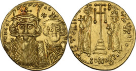 Constans II, with Constantine IV (641-668). AV Solidus. Syracuse mint, c. 661-668. Obv. ∂N CO CO Ч. Draped busts facing of Constans II, to left wearin...
