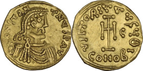 Constans II (641-668). AV Tremissis, Syracuse mint, 649-655 AD. Obv. ∂N CONSTANTЧς AV. Diademed and draped bust right. Rev. VICTORIA AVςЧ ΘI. Cross po...