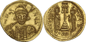 Constantine IV Pogonatus, with Heraclius and Tiberius (668-685). AV Solidus. Uncertain Italian mint, year 7 = AD 668/9. Obv. ∂N NЧS. Pearl-diademed, p...