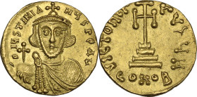 Justinian II (685-695). AV Solidus. Constantinople mint. Struck 687-692. Obv. D IЧSTINIANЧS PЄ AV. Draped and bearded bust facing, wearing crown with ...