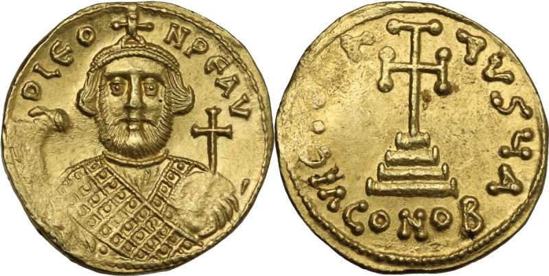 Leontius (695-698). AV Solidus, Constantinople mint. Obv. D LЄO-N PЄ AV. Bearded...