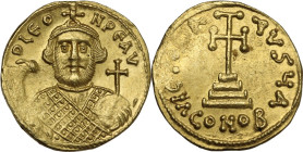 Leontius (695-698). AV Solidus, Constantinople mint. Obv. D LЄO-N PЄ AV. Bearded bust facing, wearing crown with cross on circlet and lozenge pattern ...