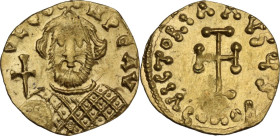 Leontius (695-698). AV Tremissis, Constantinople mint. Obv. D LЄON PЄ AV. Crowned bust facing, wearing loros, holding globus cruciger. Rev. VICTORIA A...