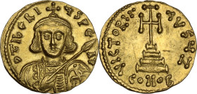 Tiberius III, Apsimar (698-705). AV Solidus, Constantinople mint. Obv. D tIbЄRI ЧS PЄ AV. Bust facing, with short beard, wearing crown and cuirass, an...