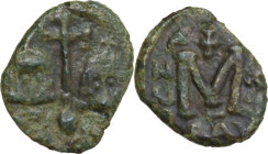 Justinian II, with Tiberius. Second Reign (705-711). AE Follis. Ravenna mint. Dated RY 21 or 22 (706/8). Obv. Crowned facing busts of Justinian II and...