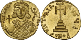 Philippicus, Bardanes (711-713). AV Solidus, Constantinople mint. Obv. DN FILЄPICЧS MЧL TЧS AN. Crowned facing bust, wearing slight beard and loros, h...