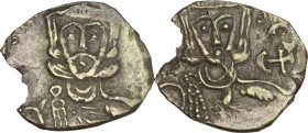 Leo III the 'Isaurian', with Constantine V (717-741). AV Tremissis. Uncertain Italian mint, c. 720-740 AD. Obv. Legend off flan. Crowned and bearded b...
