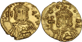 Leo III the 'Isaurian', with Constantine V (717-741). AV Semissis, Syracuse mint. Obv. δ N LЄON P A MЧ. Facing bust of Leo III with short beard, weari...